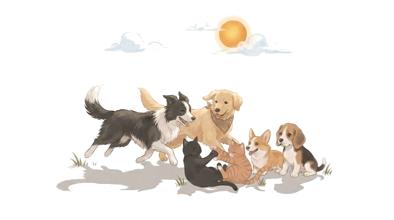 A border collie leaping in to play with two kittens, while a golden retriever, a corgi and a beagle watch